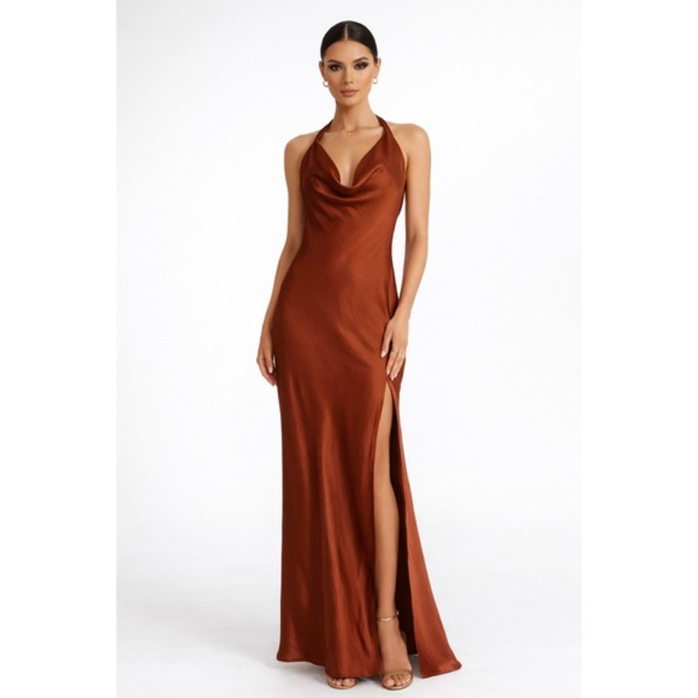 Billy J Sian Maxi Dress Rust Satin Cowl Neck Tie Back Formal Gown Size 10 NEW‎